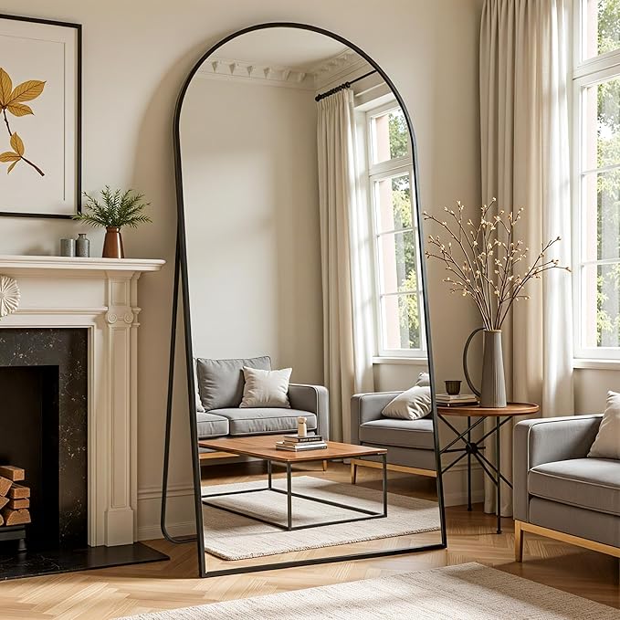 Full Length Mirror, 71"x32" Arched Full Body Mirror, Floor Mirrors with Stand, Body Mirrors Standing Hanging Leaning Against Wall,Aluminum Frame Mirrors for Bedroom Cloakroom,Living Room,Black