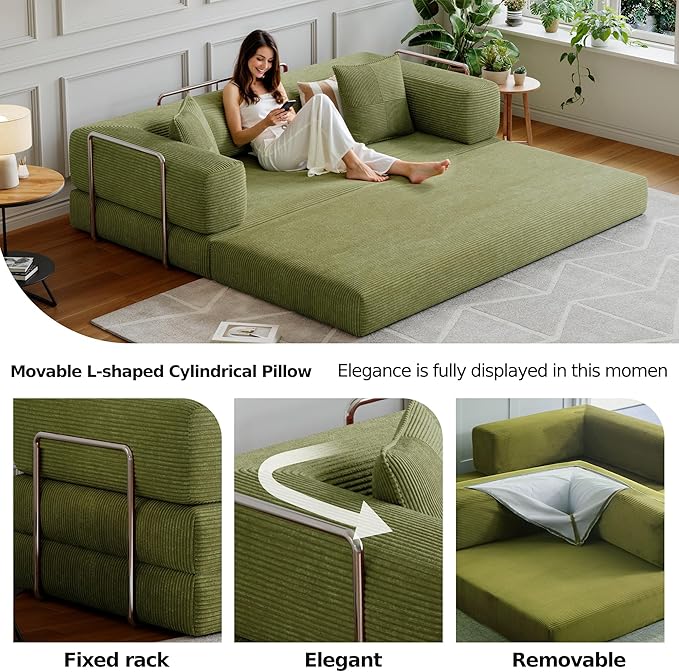 78.8''Convertible Sleeper Sofa Bed,Compressed Floor Boneless Couch,Modular Modern Corduroy Sofa for Living Room Bedroom -with Fixed-Shape Frame and Support Armrest,Easy Assembly(Fruit Green)