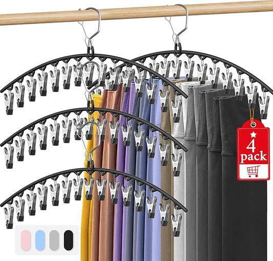 Upgrade Skirt Pants Hangers with Clips, Metal Legging Organizer for Closet with 15 Cilps Holds 60 Leggings/Shorts/Jeans/Skirts Pants Hangers Space Saving Closet Organizers and Storage, Black 4Pack