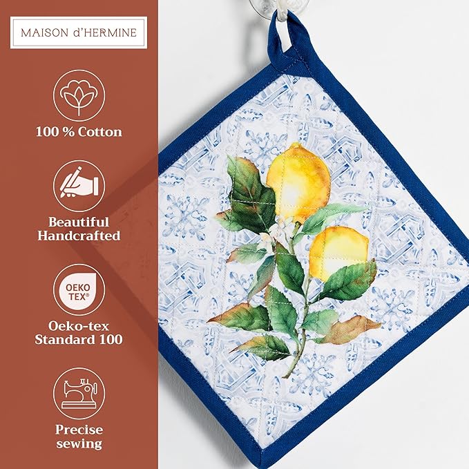 Maison d' Hermine Pot Holders 100% Cotton Heat Resistant Potholders 8" x 8" Hot Pads with Loop BBQ, Cooking, Baking, Grilling, Kitchen, Handling Hot Pans Spring/Summer (Pack of 1, Citrus)
