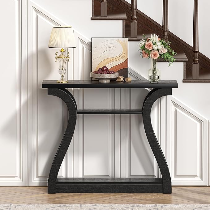 Wooden Console Table with Curved Legs and Shelf, 3-Tier Modern Accent Sofa Table for Entrance Area, Living Room, Hallway, 47 in Wide (Black)