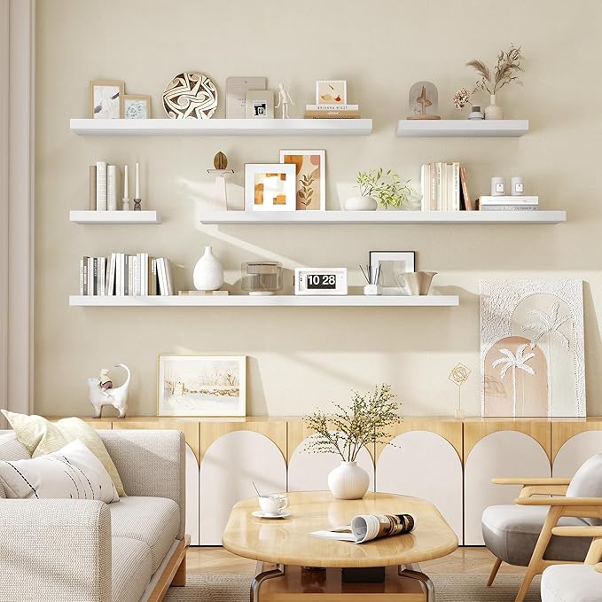 Fun Memories 55 Inch Floating Shelves for Wall, Fireplace Mantel Shelf with Invisible Heavy Duty Bracket, 8 Inch Deep Storage Shelf for Living Room, Kitchen, Farmhouse, White