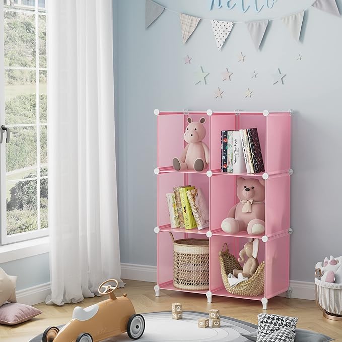 HOMIDEC 6-Cube Storage Shelf, Storage Bookcase Bookshelf with Metal Hammer, Storage Cubes Organizer Cabinet for Kids, Closet, Bedroom, Bathroom, (11.8x11.8x11.8 inch), Light Pink