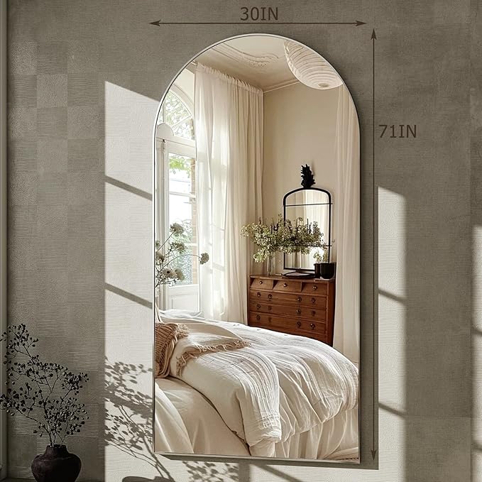 GLSLAND-30x71 inch Wall Mount Arched Full Length Mirror-Aluminum Alloy Frame High Definition-Full Body Mirror for Bedroom or Living Room,Silver