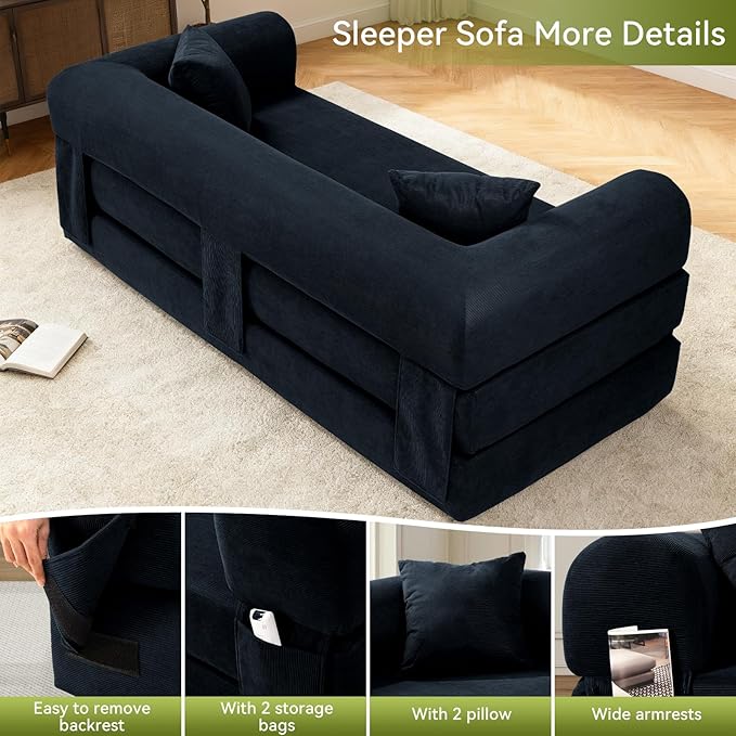 Convertible Futon Sofa Bed,80" Folding Pull Out Couch with Pillows & Storage Pocket, Oversized Queen Sleeper Sofa in a Box,Corduroy Boneless Couch for Living Room,Deep Blue