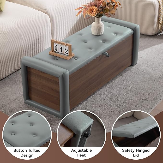48" Large Storage Ottoman Bench, Faux Leather Upholstered Bed Bench with Button Tufted, End of Bed Ottoman with Safety Hinge for Bedroom, Living Room, Window，or Entryway, Olive Gray Shoe Storage Chest