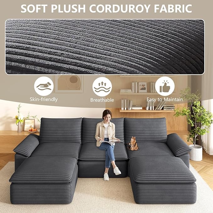 111" Cloud Sectional Couch with U-Shaped Chaise, Corduroy Sectional Sofa with Ottoman, Boneless Couch with Deep Seat in a Box for Living Room, No Assembly Required (Dark Grey)