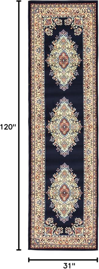 Unique Loom Reza Collection Traditional Persian Style Area Rug, 2 ft 7 in x 10 ft, Navy Blue/Ivory