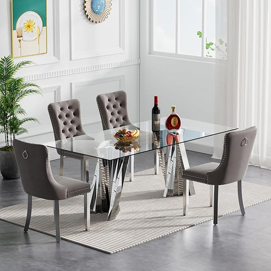 Goujxcy Modern 5 Piece Glass Dining Table Set Luxury Glass Kitchen Table and Chair Set for 4, 70" Large Rectangular Dining Room Table with 4 Tufted Chairs and Stainless Steel Legs (Silver & Grey)