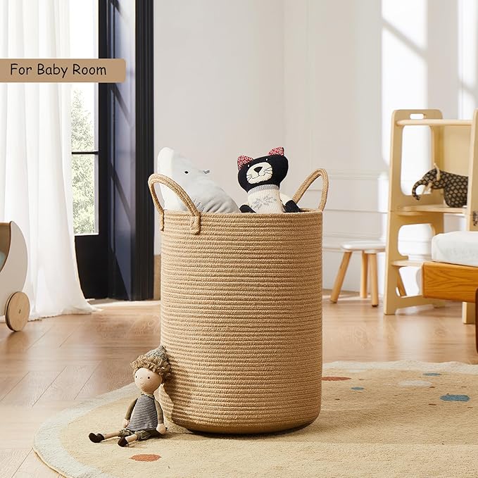 62L Jute Woven Hamper Laundry Basket Wicker Rope Clothes Hamper for Baby Nursery Kids Tall Rattan Blanket Basket in Living Room Bedroom