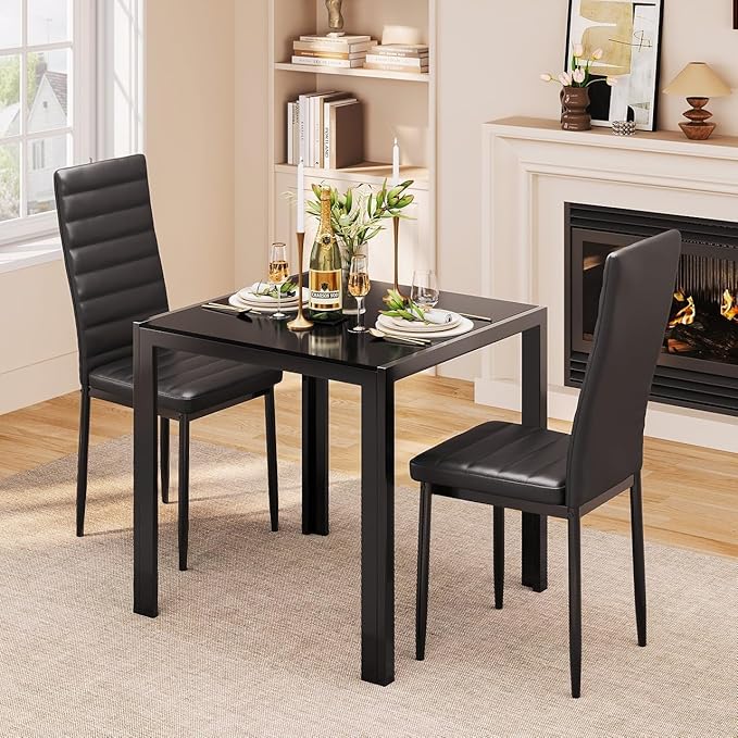 Gizoon 3 Piece Glass Dining Table Set, Kitchen and Chairs for 2, PU Leather Modern Room Sets for Home, Kitchen, Living Room