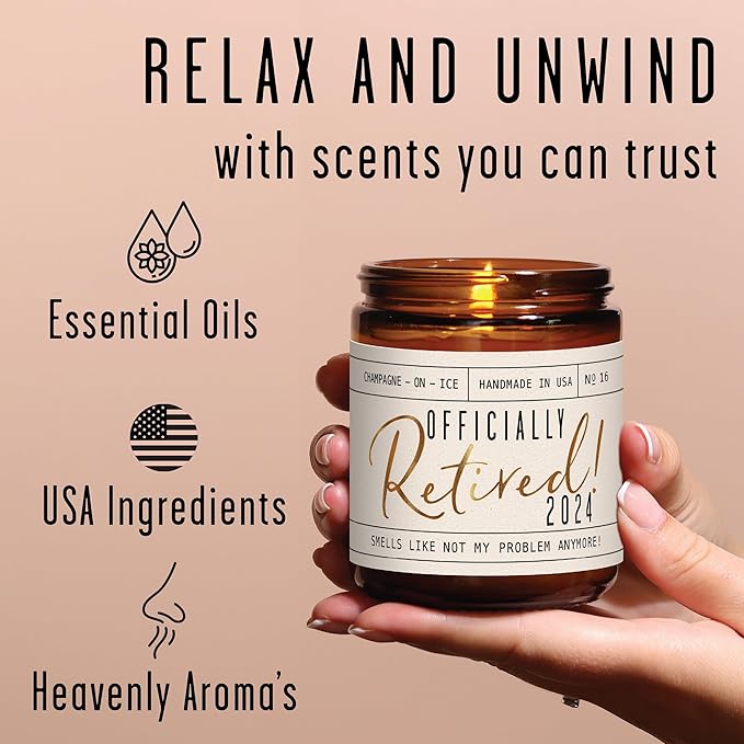 Retirement Gift for Woman - 'Officially Retired 2024' Candle, w/Champagne on Ice I Happy Retirement Gifts for Women 2024 I Retired Gifts for Women I 50Hr Burn, Made in USA