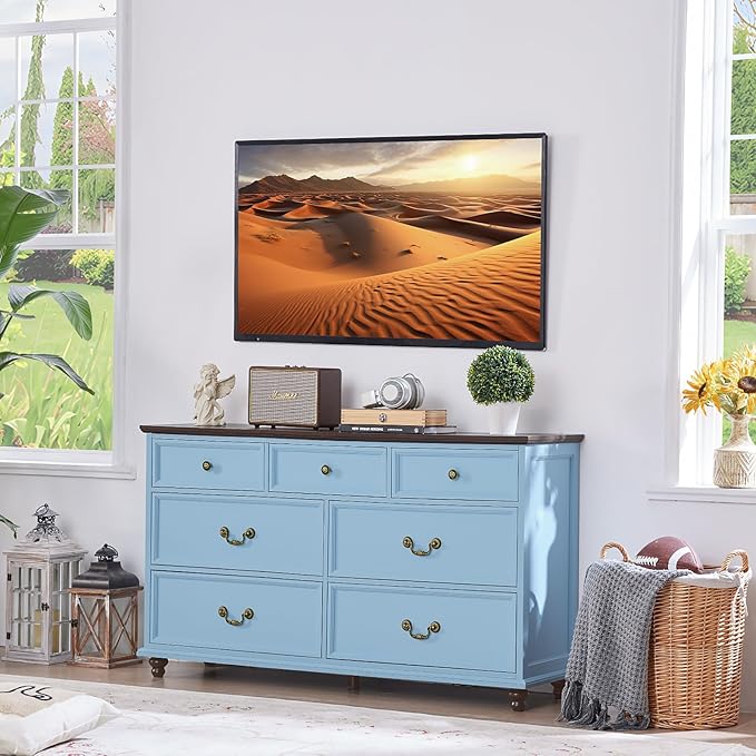 24" Wide Farmhouse Nightstand with Charging Station Set of 2,54" 7 Drawers Dresser, 37" Tall Rustic Chests of Drawers, Farmhouse Furniture Series for Bedroom,LightBlue