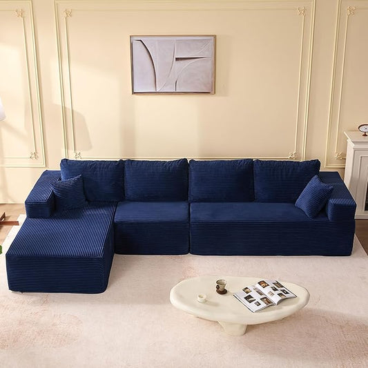 138" Boneless Couch with Deep Seat, Modular Sectional Sofa, Cloud Sectional Couch for Living Room, No Assembly Required, Corduroy, 4 Seater L-Shape Left, Blue