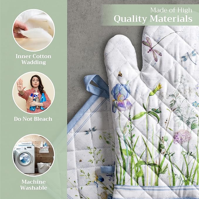 Maison d' Hermine 100% Cotton Oven Mitt & Pot Holder Set (7.5"x13" & 8"x8") Heat Resistant BBQ Cooking Gloves with Loop, Baking, Grilling, Kitchen, Handling Hot Pans Spring/Summer (Fleurs De Mai)