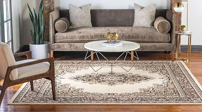 Unique Loom Reza Collection Traditional Persian Style Area Rug, Square 8' 0" x 8' 0", Ivory/Brown