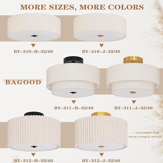 2 Light Semi Flush Mount Ceiling Light Fixture 12.6 Inch Modern Gold Drum Lights Fixture with 2-Layer Fabric Shade Dimmable Close to Ceiling for Living Room Hallway Bedroom Entryway