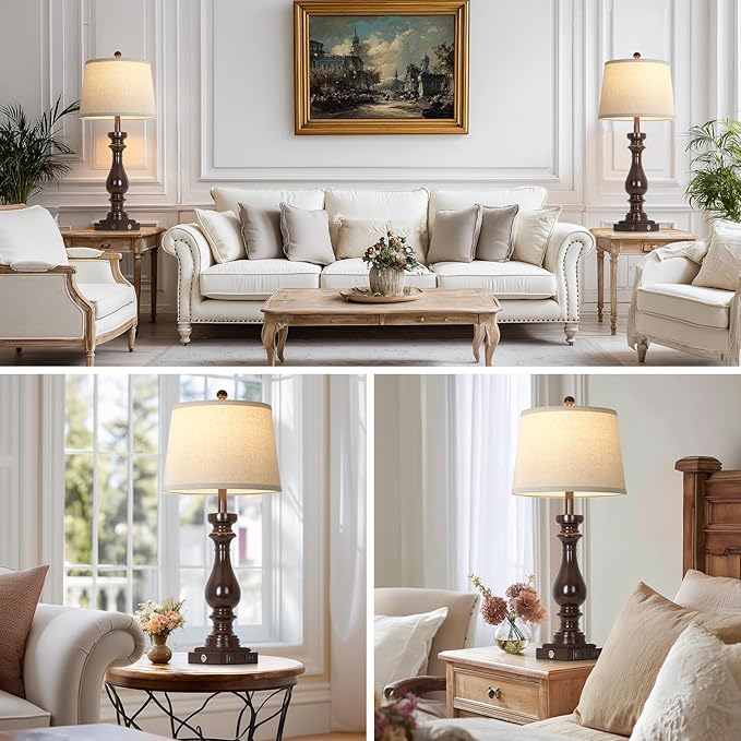 29" Tall Vintage Table Lamps Set of 2,Farmhouse Bedside Lamps with USB C+A Ports & AC Outlet,3-Way Dimmable Touch Lamp for Night Stands Living Room Bedroom,Dark Brown