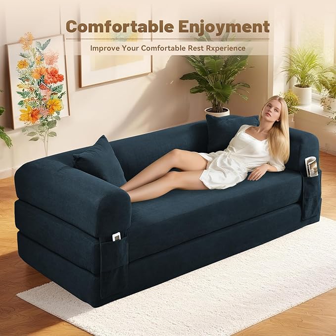 Convertible Futon Sofa Bed,80" Folding Pull Out Couch with Pillows & Storage Pocket, Oversized Queen Sleeper Sofa in a Box,Corduroy Boneless Couch for Living Room,Navy Blue