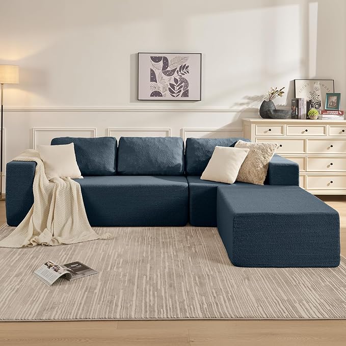 106" Modular Sectional Couch Left/Right Facing Convertible, L-Shape Modern Teddy Sofa, Deep Seat Upholstered Foam Couch for Living Room Bedroom, No Assembly Required (Blue, Teddy Boucle)