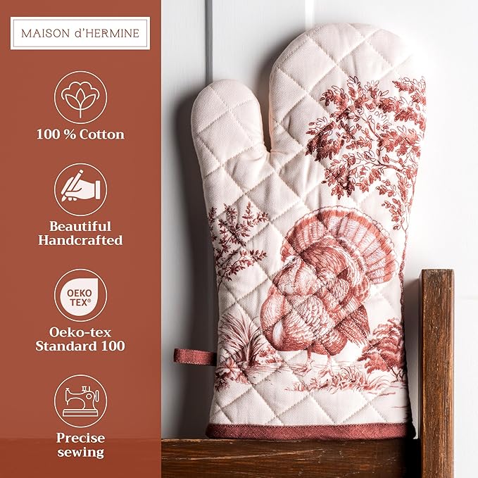 Maison d' Hermine Oven Gloves 100% Cotton Oven Mitt 7" x 13" with Loop Heat Resistant BBQ Cooking Gloves for Thanksgiving Christmas Decorations Baking Handling Hot Pans (Pack of 1, Holy Jouy - Brown)