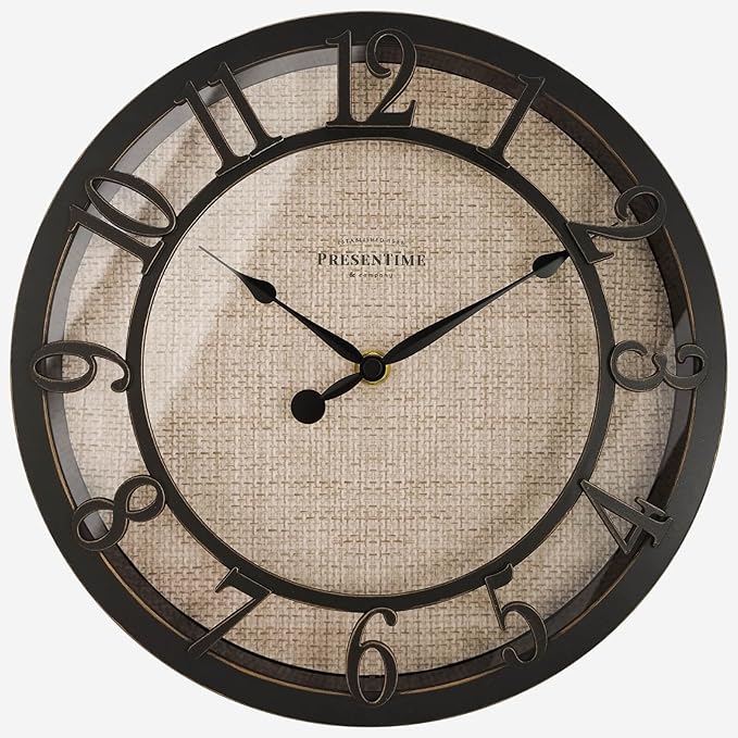 Presentime & Co 10" Farmhouse Series Wall Clock, Cottage Style, Faux Burlap Design, Silent no Ticking, Oil Rubbed Bronze Finish