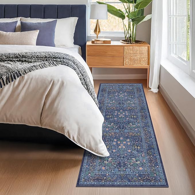 Non Slip 2x6 Dark Blue Kitchen Runner Rug - Long Runner Rugs 24 x 72 Washable Hallway Floor Mat, Bedroom Laundry Room Bathroom Runner - Dusky Navy Vintage Floral Design Décor