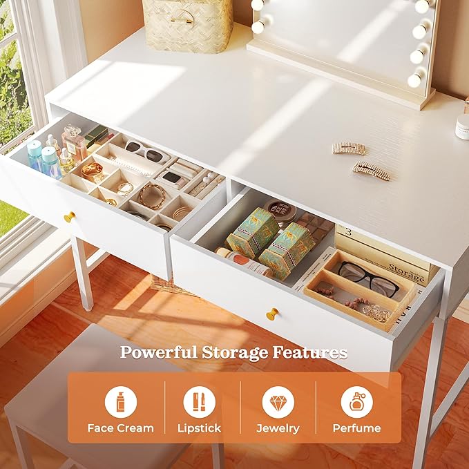 SUPERJARE 43-inch White Desk with 2 Drawers and Padded Stool, Modern Makeup Vanity & Computer Desk with Storage for Home Office, Bedroom Study