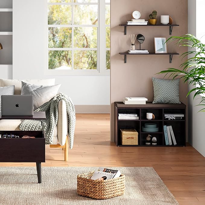 DINZI LVJ Long Wall Shelves, 31.5 Inch Wall Mounted Shelves Set of 2, Easy-to-Install, Wall Storage Ledges with Sturdy Metal Brackets for Living Room, Bathroom, Bedroom, Kitchen, Espresso