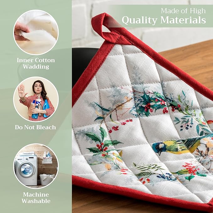 Maison d' Hermine Pot Holders Set 100% Cotton Heat Resistant Potholders 8" x 8" Hot Pads with Loop for Thanksgiving Christmas Decorations BBQ Cooking Baking Handling Hot Pans (Pack of 2, Morzine)