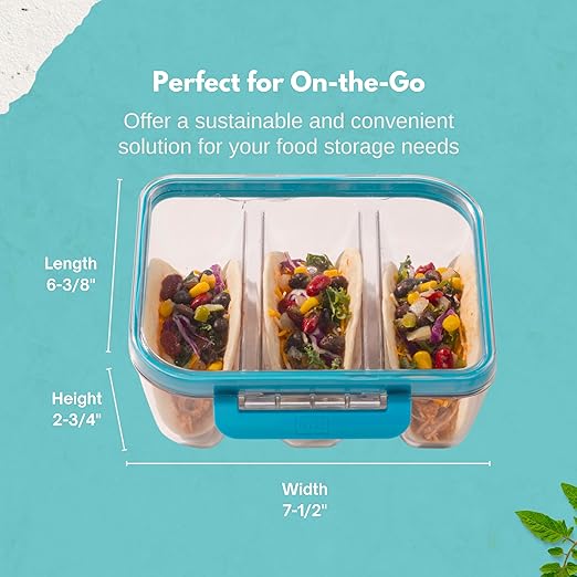 MyGo Pro Rectangular Taco Container, 3-Compartment Clear Heavy Duty Plastic Taco Holder, Portable Sleek Design, Spill-Resistant with Removable Gasket, 6.375" L X7.5" W X 2.75" H