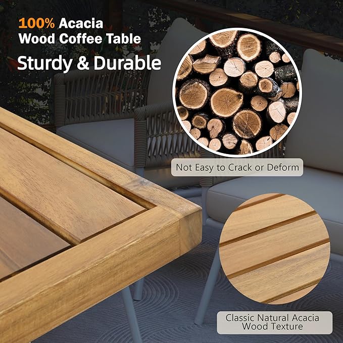 4-Piece Rope Outdoor Furniture Set - Patio Conversation Sofa Set with Acacia Wood Table, Metal Furniture with Deep Seating & Thick Cushion for Backyard, Balcony, Deck, Beige