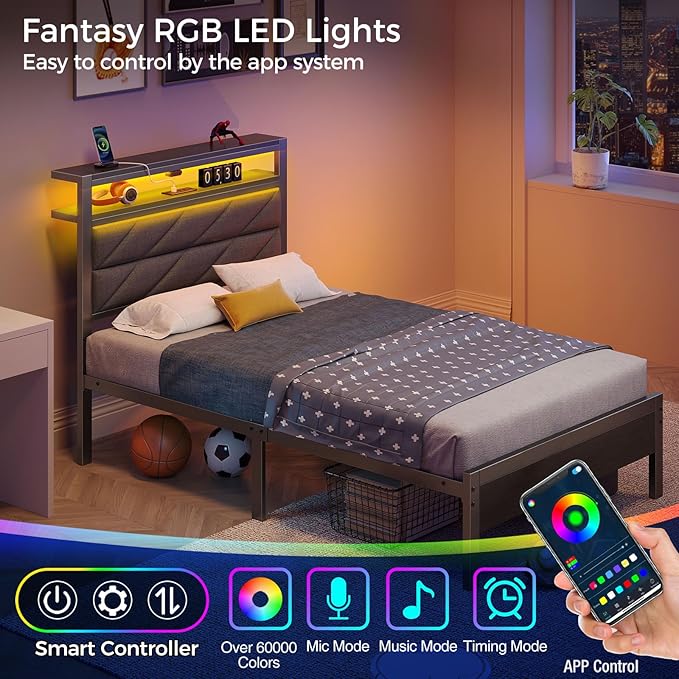 Seventable Bed Frame Twin Size with Charging Station, LED Bed with Upholstered Storage Headboard, Metal Platform Bed with Under Bed Storage, No Box Spring Needed, Noise Free, Easy Assembly, Grey