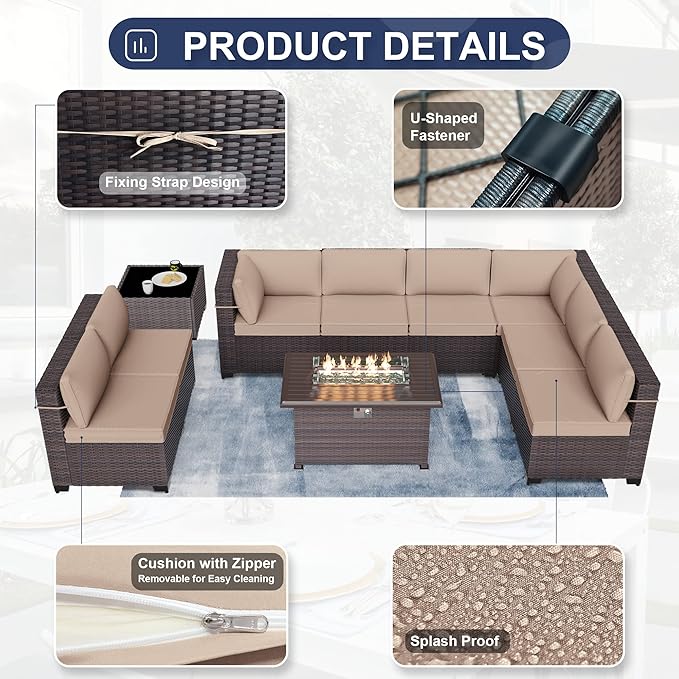 Kurapika 10 Pieces Patio Furniture Set, Rattan Wicker Outdoor Conversation Sets w/43in Propane Fire Pit Table and 4 Inch Cushion(Sand)