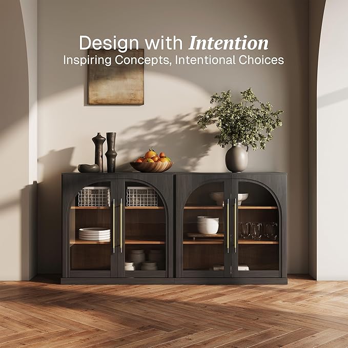BELLEZE Set of 2 Modular Sideboard with Arched Glass Door, Accent Display Buffet Cabinet with Storage and Adjustable Shelves,Classic Modern Credenza for Dining Room Living Room Entryway (Ebony)