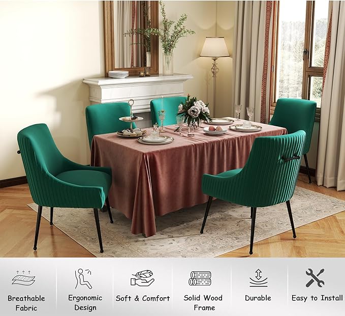 Velvet Dining Chairs Set of 8,Dark Green Upholstered Living Room Chairs with Black Metal Legs, Modern Tufted Accent Chairs for Living Room, Study Room, Kitchen