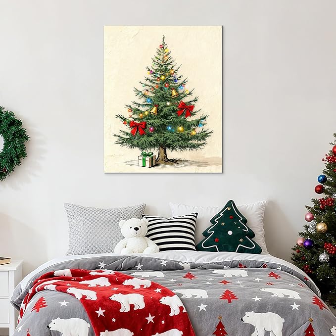 Framed Christmas Pictures Wall Decor,Vintage Pine Tree Prints,Winter Christmas Canvas Wall Art Decoration for Bedroom Bathroom Living Room Rustic Xmas Holiday Gifts (Christmas Tree 9, 16'' X 20'')
