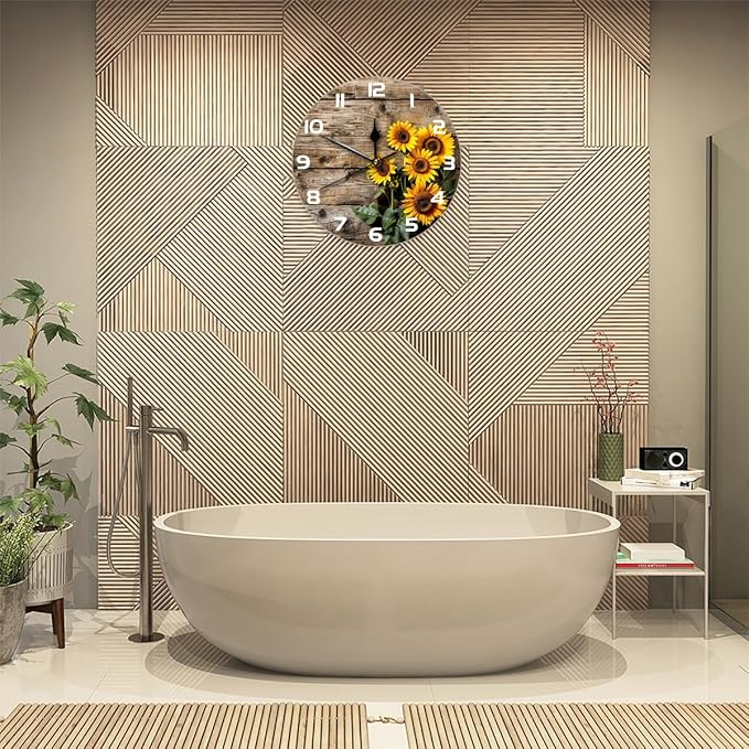 Retro Wooden Sunflower Wall Clock Battery Operated 10 in Round Wall Clocks Slilent Non Ticking Quartz Analog Clock for Bedroom Kids Living Room Classroom Decor