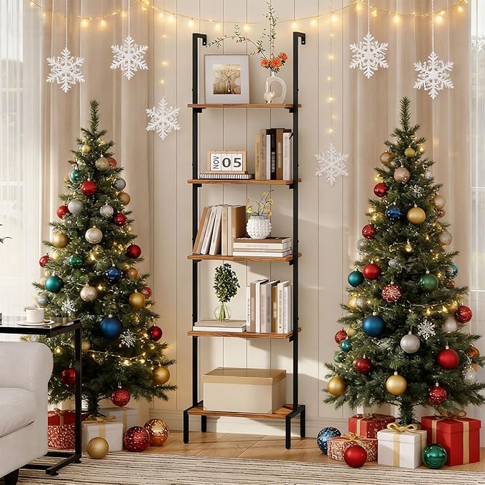 Ladder Shelf, 5-Tier Bookshelf, Ladder Bookcase with Wall Mount, Heavy Duty Industrial Style Storage Rack for Living Room, Office, Kitchen, Bedroom, Rustic Brown and Black LSHR5501