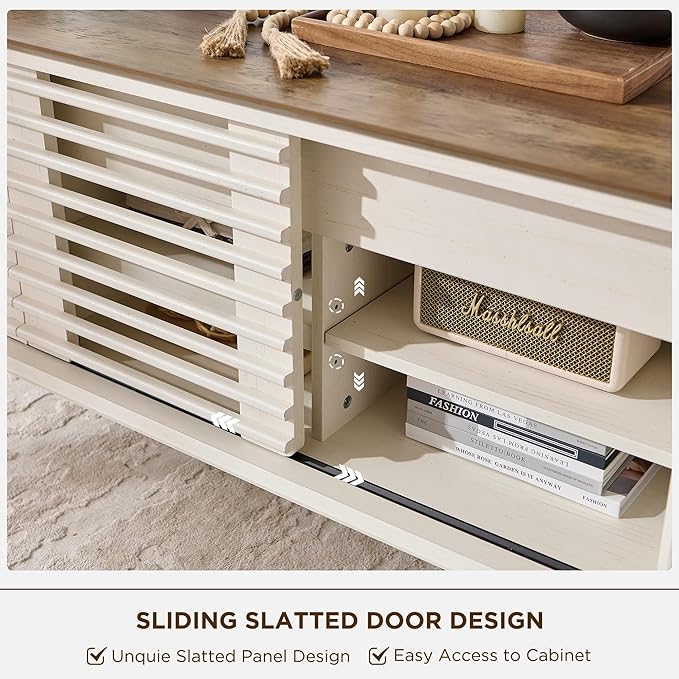 RedLemon 48" Lift top Coffee Table, mid Century Modern Coffee Table with Slatted Sliding Door, Hidden Storage Compartment, 4 Storage Shelves, Center Table for Living Room, Office, Antique White