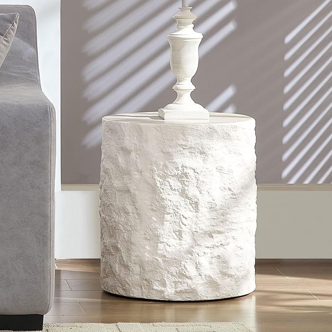 Round Fiberglass Coffee Table for Living Room,15.75 Inch Side Table for Bedroom,Modern Design Imitation Stone End Table for Apartment,No Need Assembly,Beige