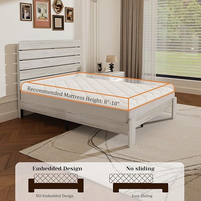 Queen Size Wooden Bed Frame with Headboard, Boho Platform Bedframe with Wood Slat Support, Sturdy and No Noise, Easy Assembly (Boho White, Queen)