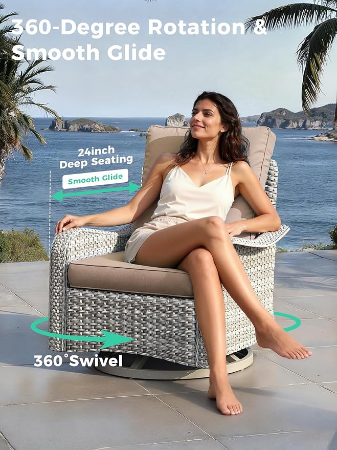 6 Piece Outdoor Wicker Patio Furniture Set,High Back Swivel Rocker Patio Chairs with 4" Thickened Cushions & Side Table, All-Weather PE Rattan for Garden, Backyard, Porch, Beige