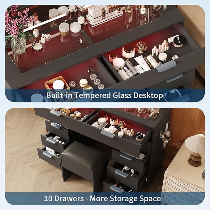 Garvee Vanity Desk with Large Mirror and Lights & Magnifying Glass, Makeup Table, Dressing Table Set with Stool, Power Outlet, 3 Lighting Modes, 10 Drawer, Black