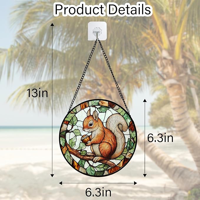 Stained Glass Window Hanging, Squirrel on a Branch Suncatcher Diamond Glass Panel Animal Sun Catchers Decor for Birthday for Women, Men, Wife, Aunt, and Mom 6.3 in