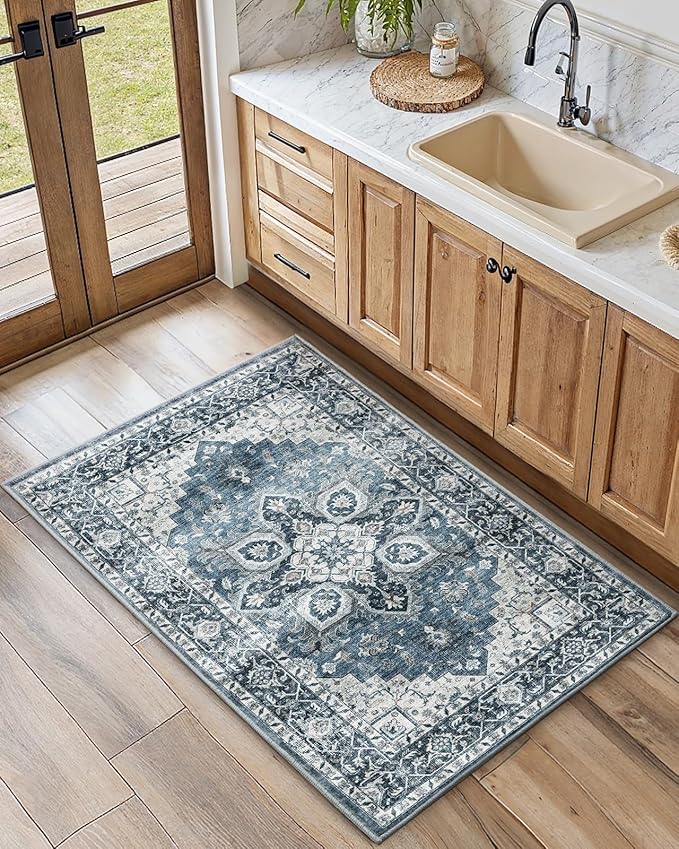 AMADA HOMEFURNISHING 2x3 Washable Area Rug, Low-Profile Entryway Rug with Non-Slip Backing & Durable Edge Binding, Vintage Rug Pattern, Small Rugs for Entryway, Kitchen & Living Room