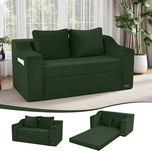 MeMoreCool Convertible Sofa Bed, Pull Out Loveseat Sofa Sleeper Couch for Bedroom Living Room Lounge, 2 in 1 Small Couch Bed with Pillow, Foldable Love Seat Futon Corduroy Green