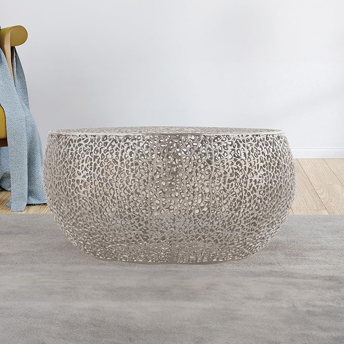 Modern Contemporary Round 32" Coffee Table, Solid Aluminum intrigued Design, Drum Shaped Mesh Cocktail Table, Creative Center Table for Living Room and Bedroom, Casted in Silver