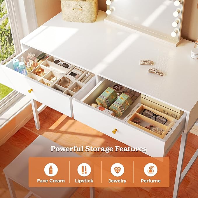 SUPERJARE 31.5" White Desk with 2 Drawers, Modern Makeup Vanity with Padded Stool, Small Computer Desk Home Office Desk for Writing Study Bedroom