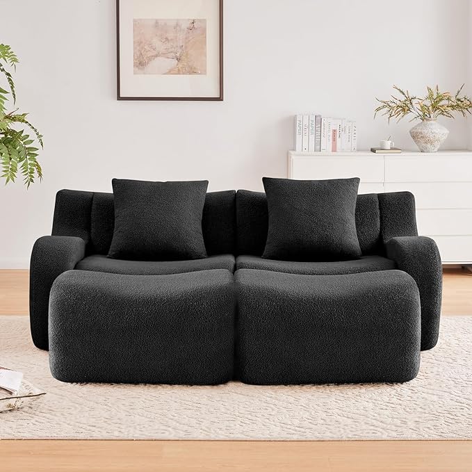 Black Modular Cloud Couch Loveseat with 2 Ottomans, Modern Teddy Fabric Boneless Sectional Sofa in a Box for Living Room, Deep Seat Floor Couch, No Assembly Required, Sofas para Sala